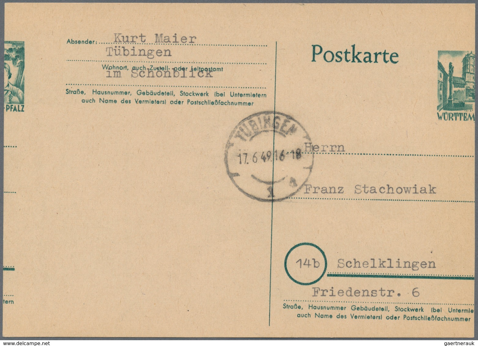 Französische Zone - Württemberg - Ganzsachen: 1949, Ganzsachenkarte 10 Pf Durch Starken Verschnitt M - Andere & Zonder Classificatie