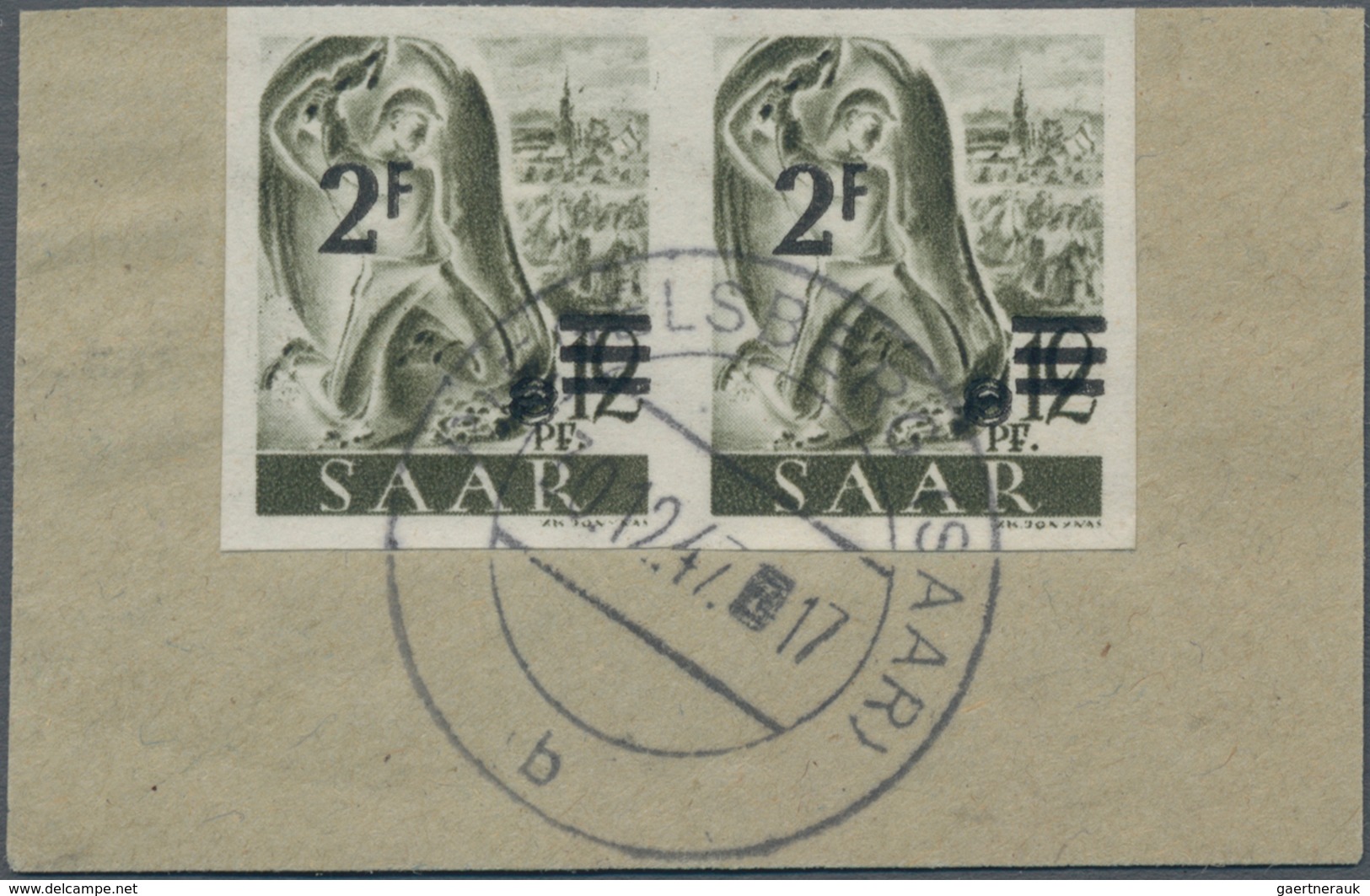 Saarland (1947/56): 1948. Ungezähntes, Waagerechtes Paar 2 Fr Auf 12 Pf Urdruck, Gebraucht Auf Brief - Brieven En Documenten