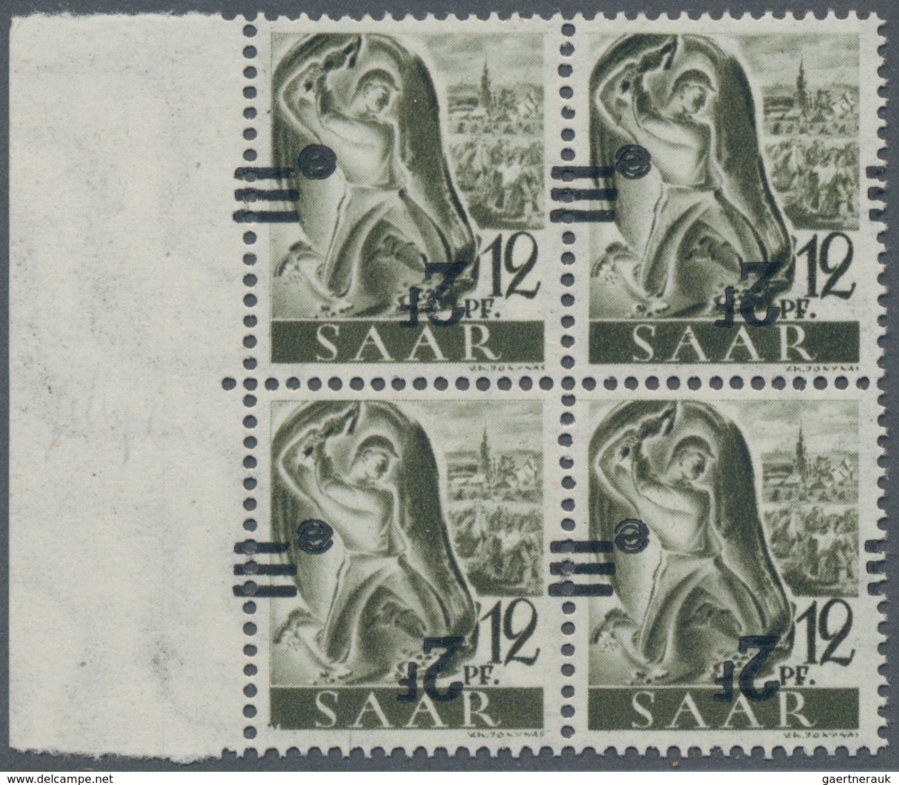 Saarland (1947/56): 1947, 2 Fr. Auf 12 Pfg. Schwarzoliv Mit Kopfstehendem Aufdruck, 4er-Block Vom Li - Storia Postale