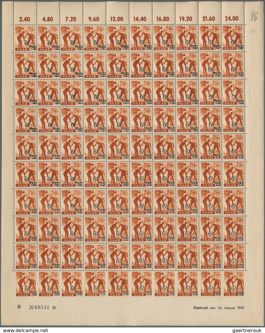 Saarland (1947/56): 1947, "6 Fr. Auf Pfg. Urdruck" Im Kompletten Postfrischen Bogen Zu 100 Werten, D - Brieven En Documenten