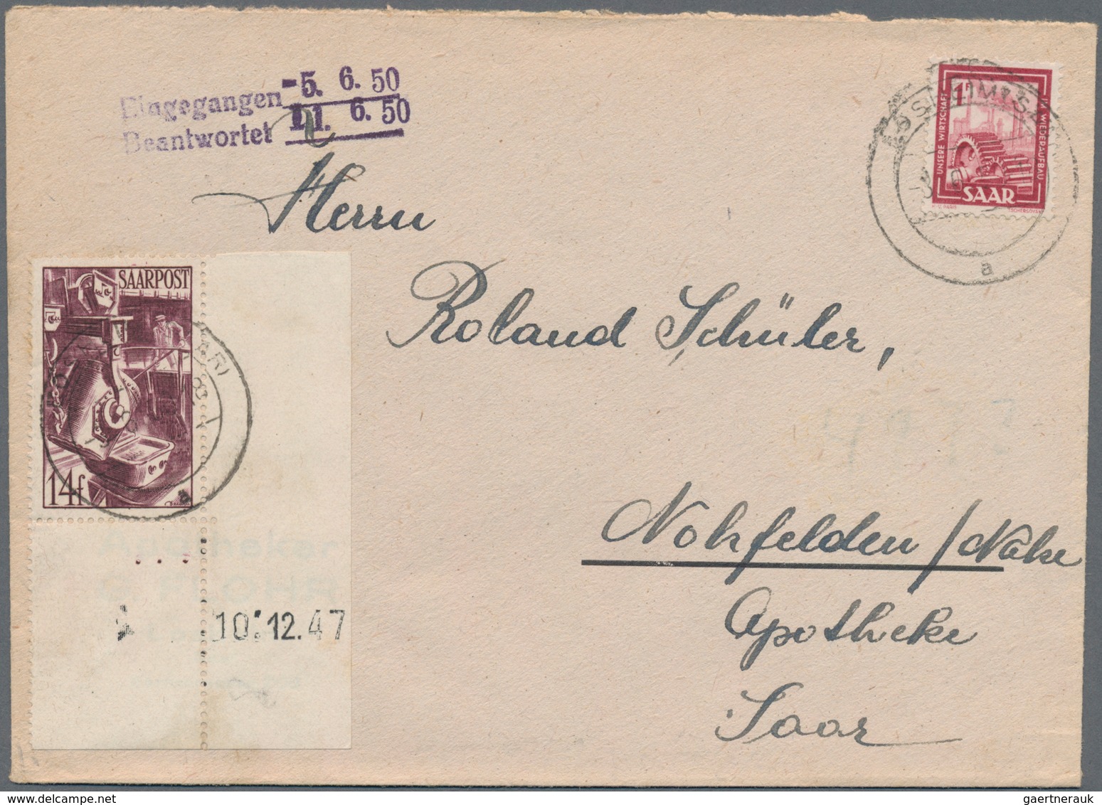 Saarland (1947/56): 1947, 14 F Dunkelbraunlila Gießerei Aus Der Rechten Unteren BOGENECKE Mit Druckd - Brieven En Documenten
