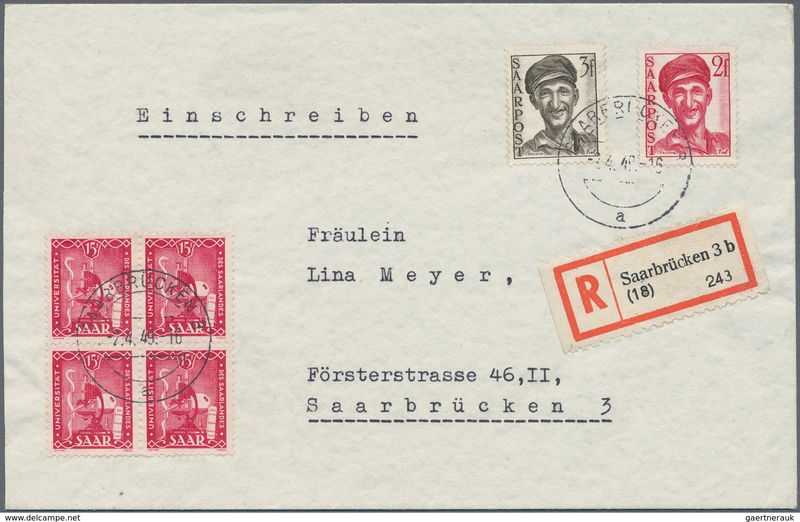 Saarland (1947/56): 1949, "1 Jahr Universität Des Saarlandes Saarbrücken", Viererblock Auf Portogere - Storia Postale