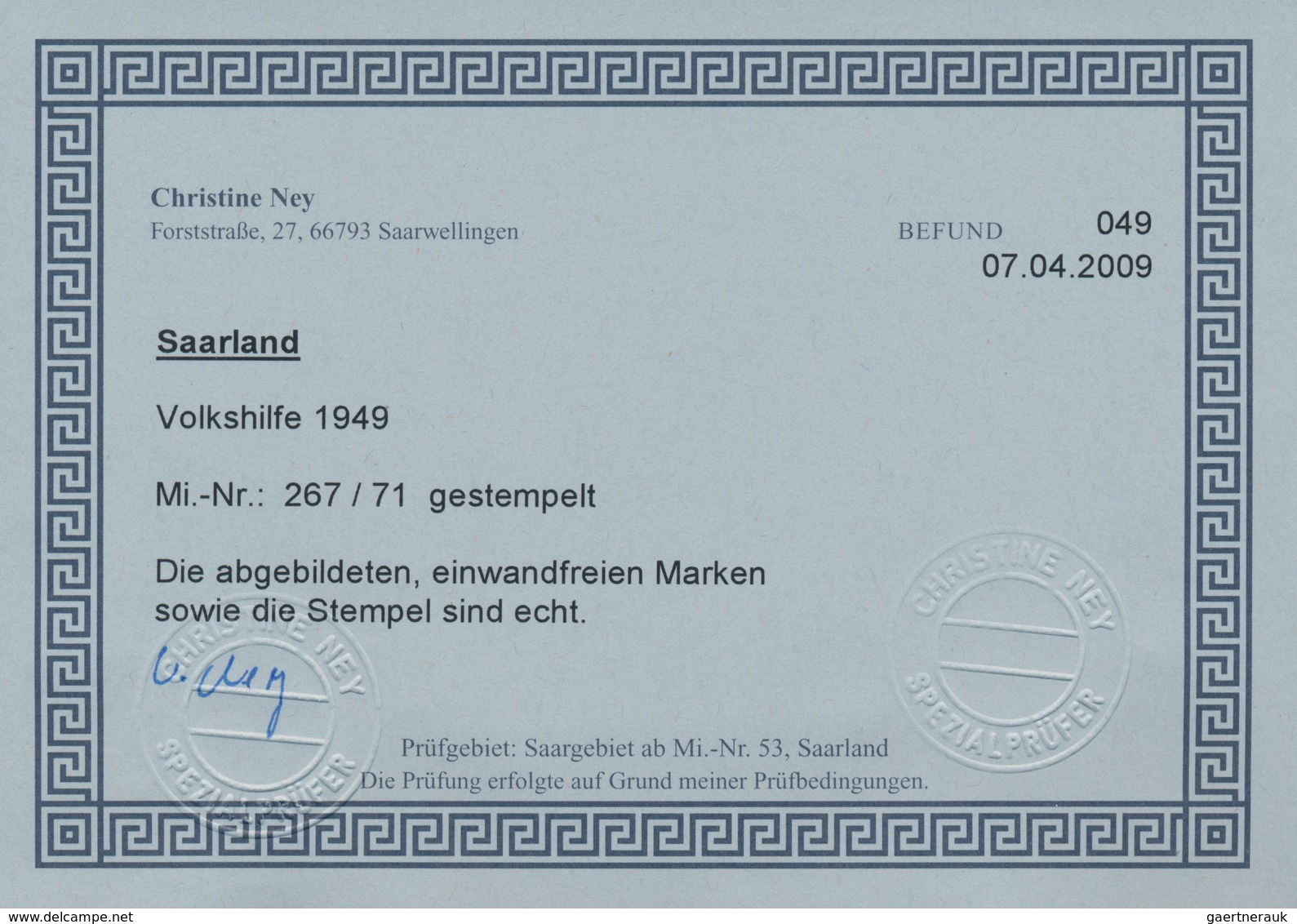 Saarland (1947/56): 1949, Volkshilfe Gemälde I Gestempelt, Befund Ney “Stempel Echt“ (M€650,-). - Brieven En Documenten