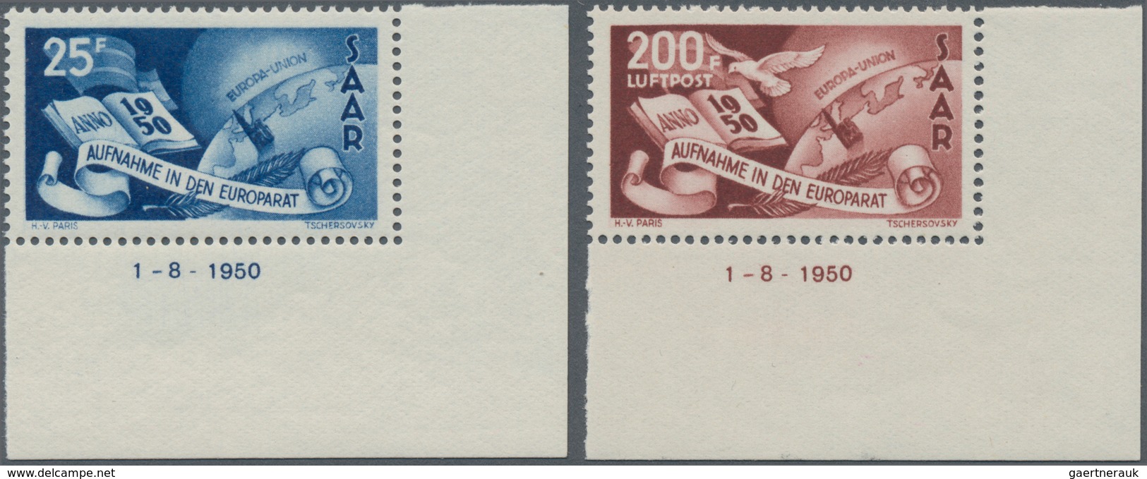 Saarland (1947/56): 1950, Aufnahme Des Saarlandes In Den Europarat, Postfrischer Luxus-Eckrandsatz A - Briefe U. Dokumente