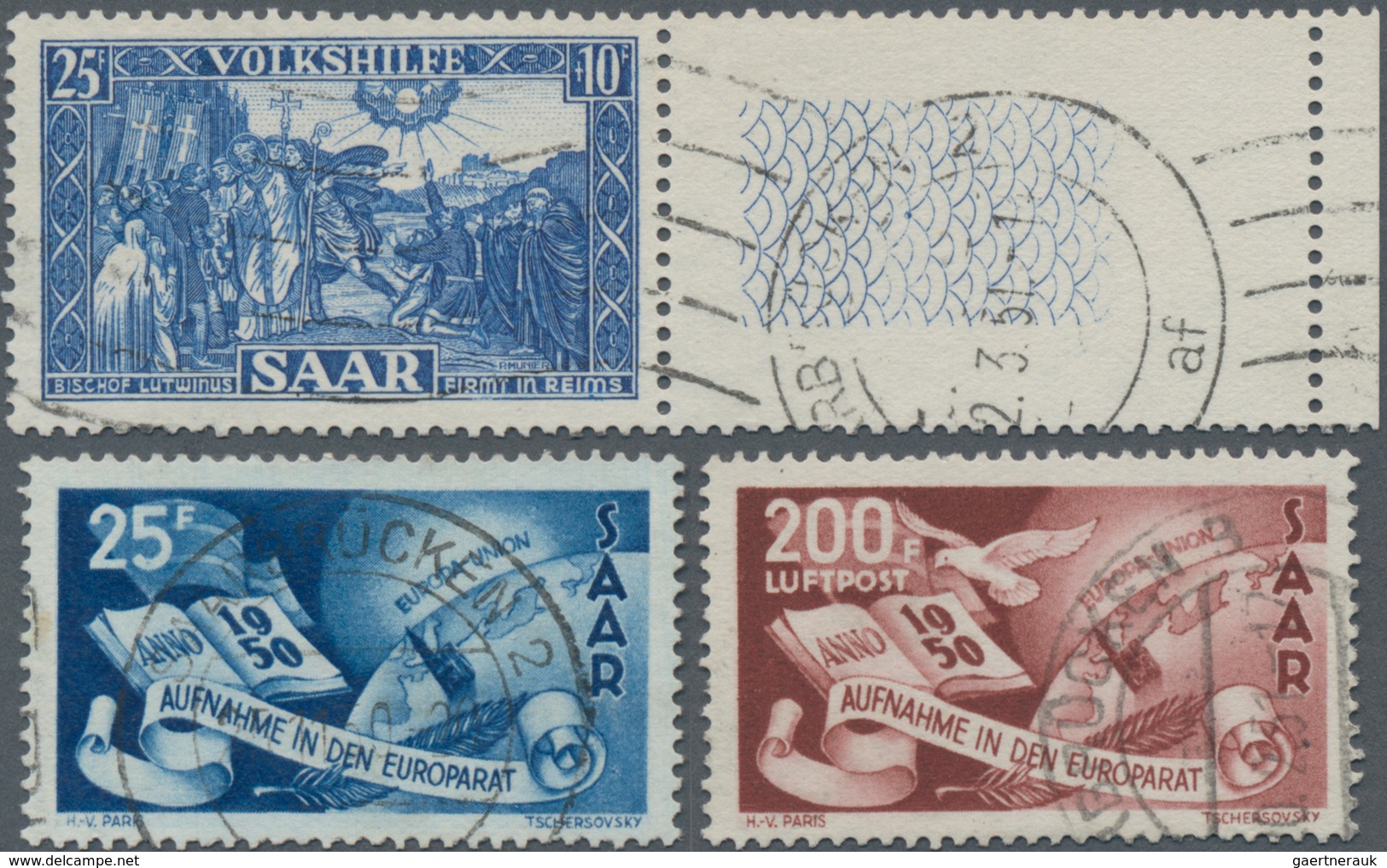 Saarland (1947/56): 1950. Markenlot Gestempelt: Europarat 25Fr Und 200Fr, Volkshilfe 12Fr Bis 50Fr ( - Storia Postale