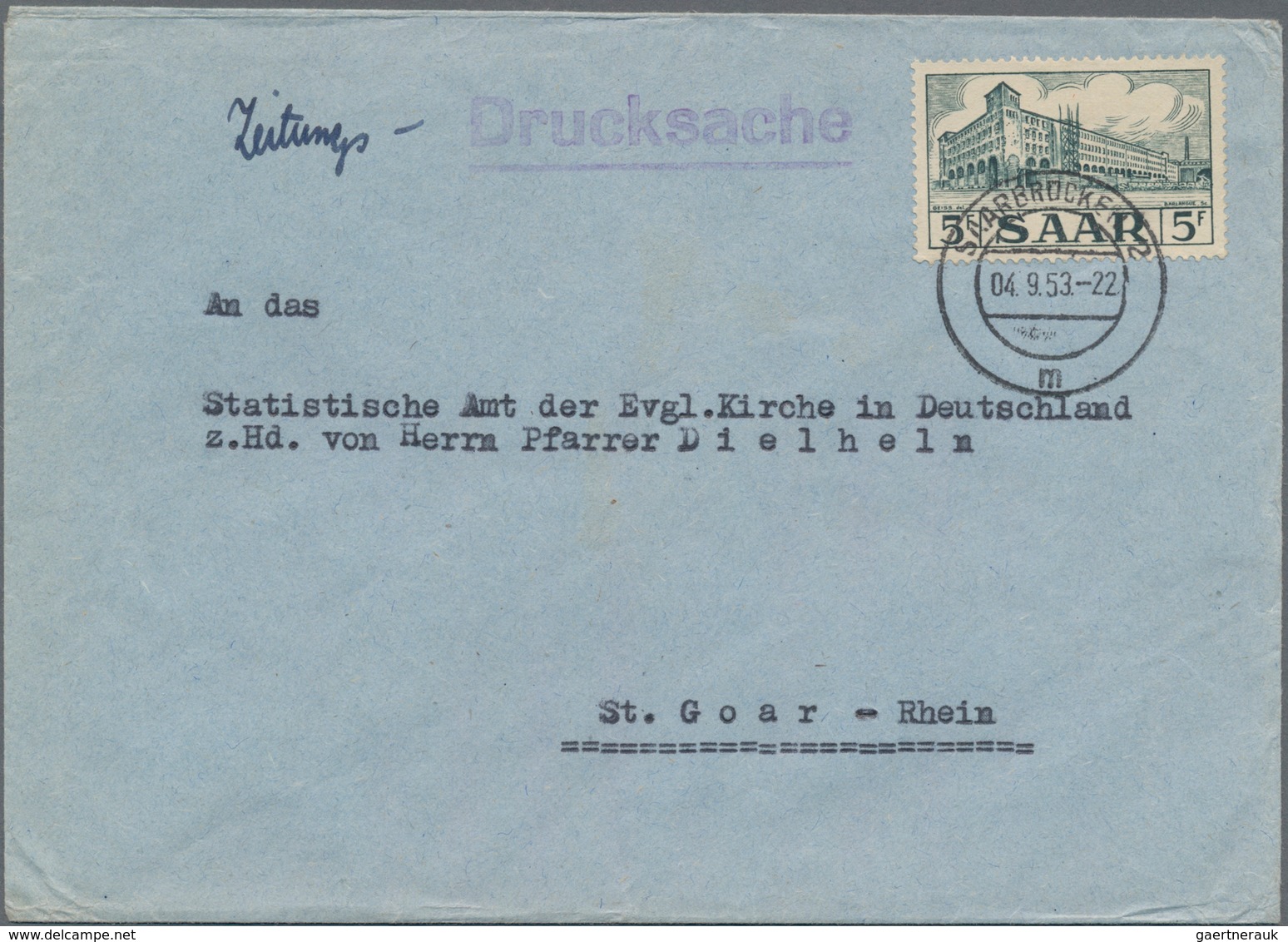 Saarland (1947/56): 1953, 5 F Grün EF Als Seltene Zeitungs-Drucksache Von Saarbrücken Nach St. Goar/ - Lettres & Documents
