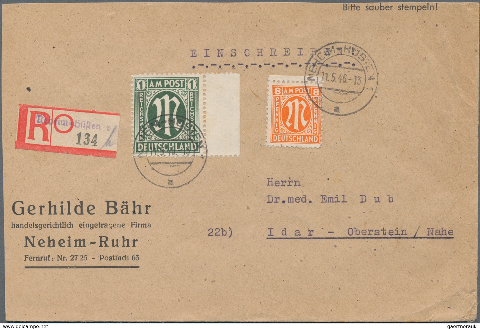 Bizone: 1946, AM-Post Deutscher Druck 1 RM Zusammen Mit 8 Pfg. Amerikanischer Druck, Portogerechte 1 - Andere & Zonder Classificatie