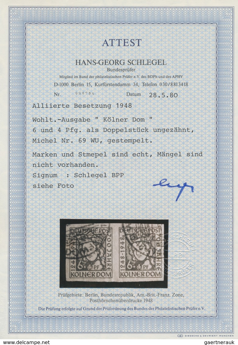 Bizone: 1948, Kölner Dom 6 + 4 Pf Orangebraun, Ungezähntes Waagerechtes Paar Mit Sonderstempel Entwe - Altri & Non Classificati