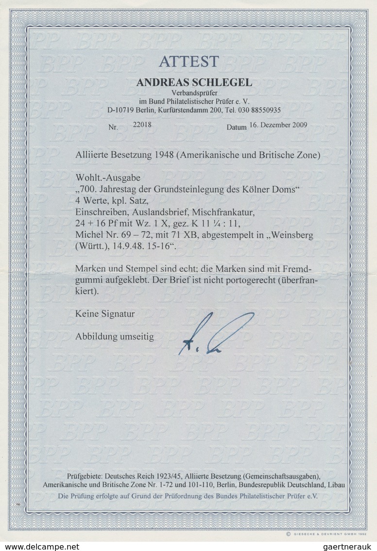 Bizone: 1948, 700. Jahrestag Der Grundsteinlegung Des Kölner Doms, Kompletter Satz Auf überfrankiert - Altri & Non Classificati