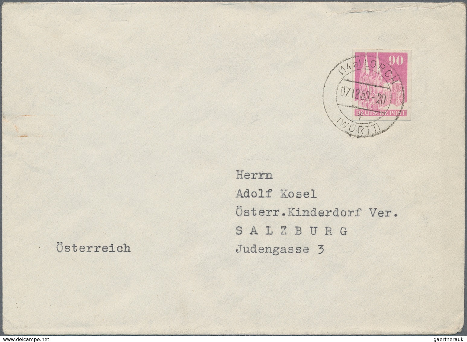Bizone: 1948, 90 Pfg. Bauten Geschnitten Auf Brief Der Fa. Sieger Von "LORCH 7.12.50" An Herrn Kosel - Altri & Non Classificati