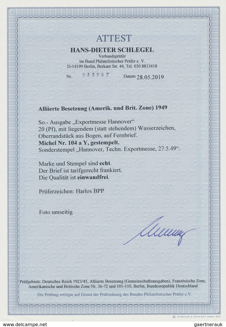 Bizone: 1949, 20 Pf Exportmesse Hannover Vom Oberrand Mit Liegendem Statt Stehendem Wasserzeichen (a - Andere & Zonder Classificatie