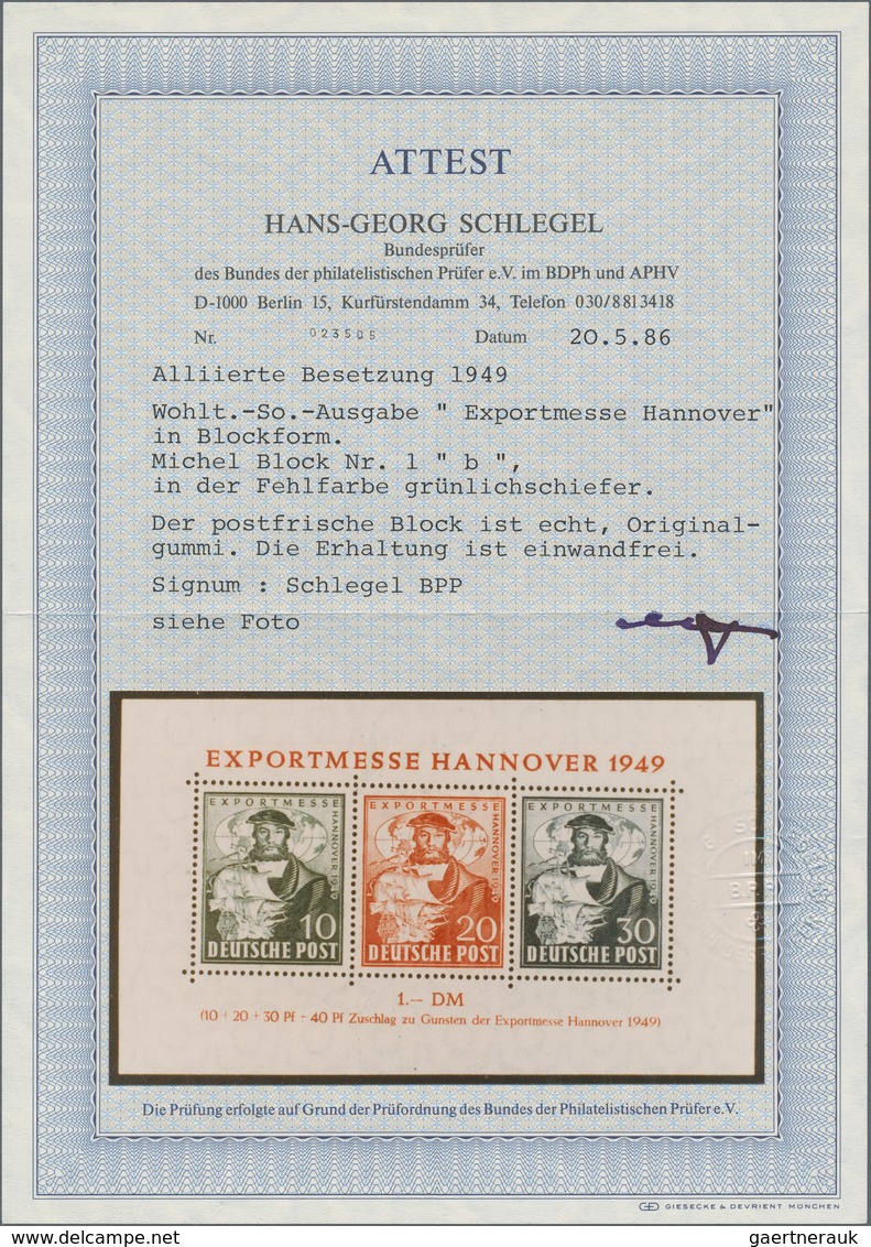 Bizone: 1949, Hannover-Messeblock In Der Seltenen Farbe, Postfrisch Mit Fotoattest Schlegel HG BPP: - Andere & Zonder Classificatie