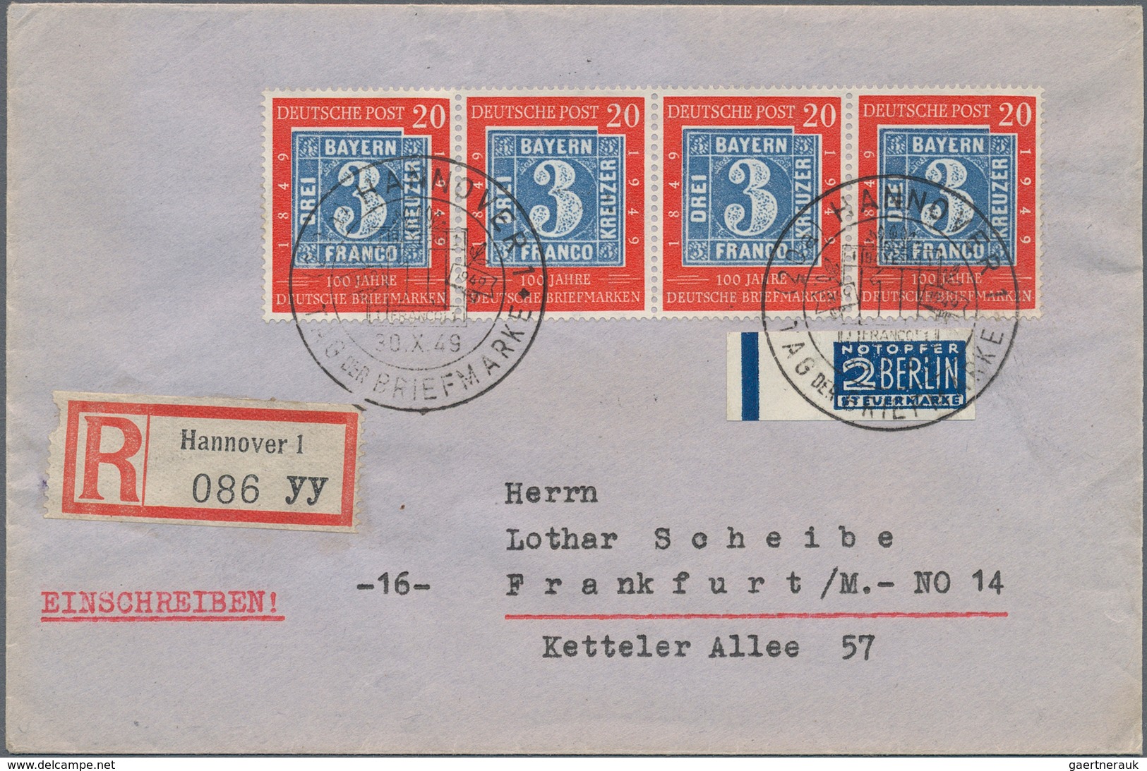 Bundesrepublik Deutschland: 1949, 20 Pf „100 Jahre Briefmarken” Mit Plattenfehler II „Weißer Strich - Storia Postale