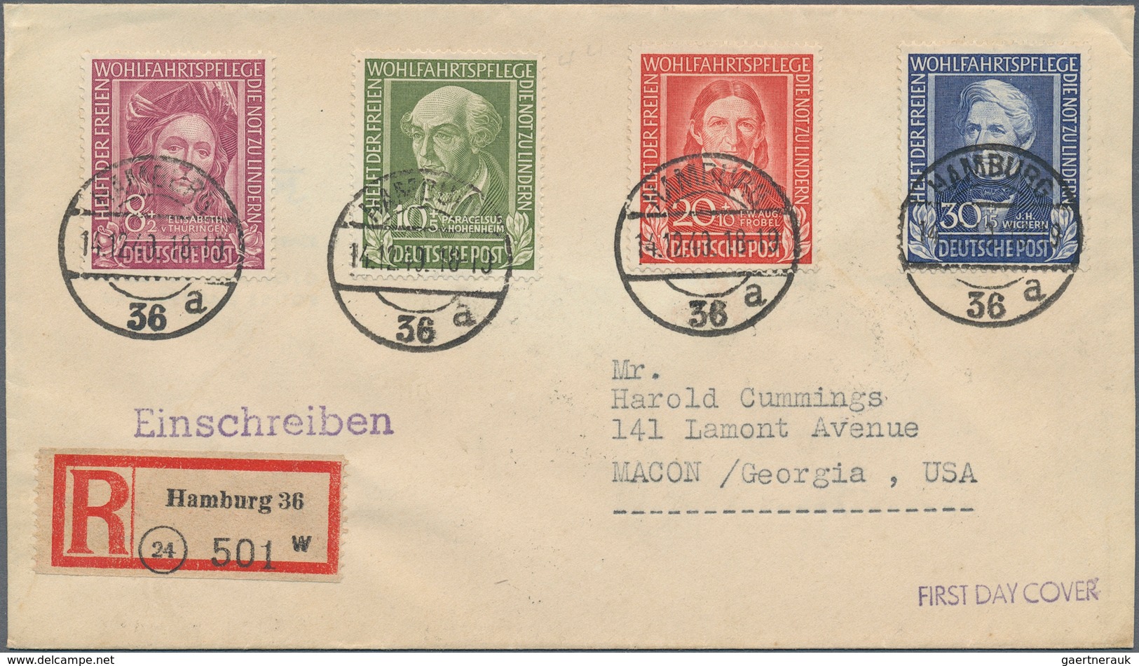 Bundesrepublik Deutschland: 1949, 8 Pf Bis 30 Pf „Helfer Der Menschheit” Auf R-Brief Ab Hamburg Am E - Briefe U. Dokumente