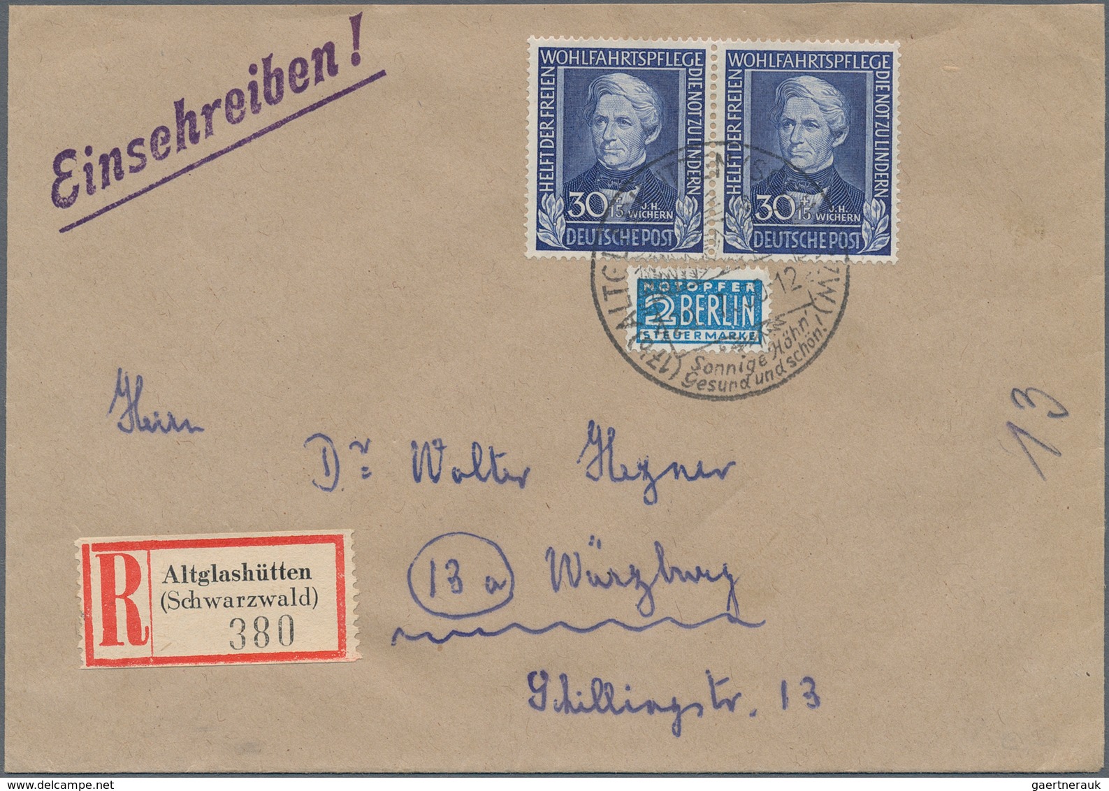 Bundesrepublik Deutschland: 1950, 30 Pfg. Wohlfahrt Im Waagerechten Paar Als Portogerechte Mehrfachf - Brieven En Documenten