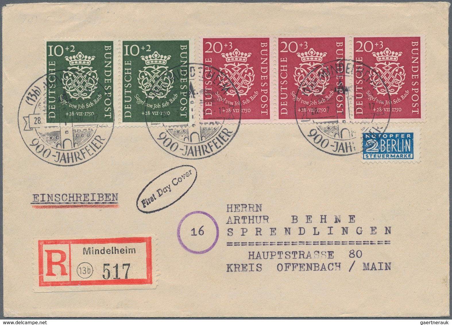 Bundesrepublik Deutschland: 1950, 10 Pfg (2) Und 20 Pfg (3) Bachsiegel Auf Portogerechtem R-FDC Von - Brieven En Documenten