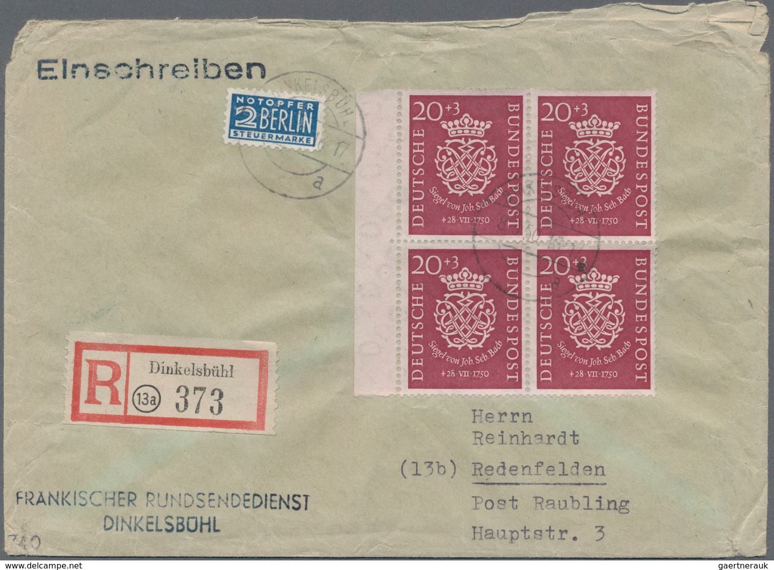 Bundesrepublik Deutschland: 1950, 20 Pfg. Bachsiegel Als Rand-Viererblock Auf Einschreib-Fernbrief A - Storia Postale