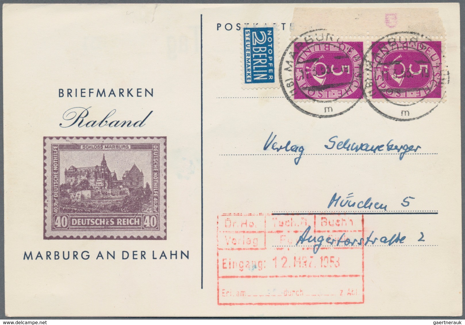 Bundesrepublik Deutschland: 1953, 5 Pf Posthorn Im Senkr. Paar Vom Linken Rand Mit DRUCKERZEICHEN "5 - Storia Postale