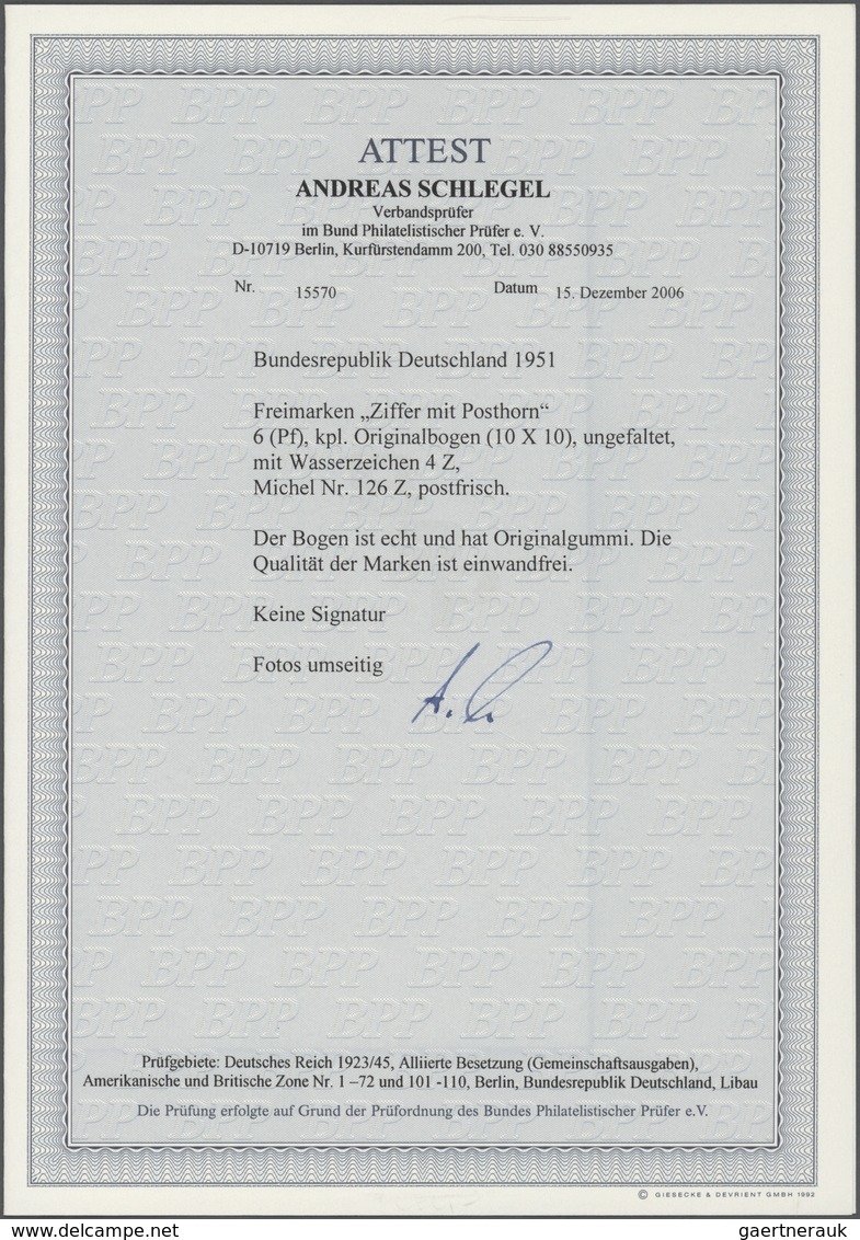 Bundesrepublik Deutschland: 1951, 6 Pfg. Posthorn Mit Wasserzeichen 4Z Im Originalbogen Zu 100 Werte - Briefe U. Dokumente