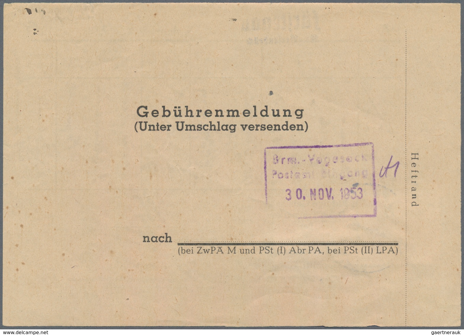 Bundesrepublik Deutschland: 1953, 40 Pf Posthorn Im Senkr. Paar Auf GEBÜHRENMELDUNG Von FÜRSTENAU/Kr - Storia Postale