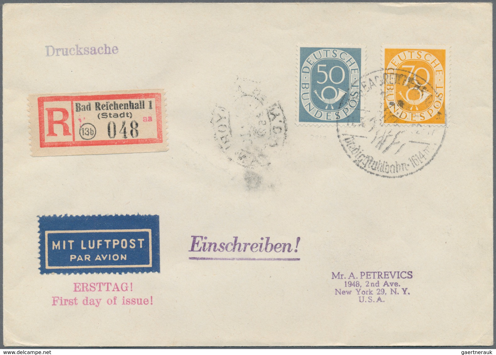 Bundesrepublik Deutschland: 1952, 50 Pfg. Und 70 Pfg. Posthorn Auf R-Luftpost-FDC Von "BAD REICHENHA - Brieven En Documenten