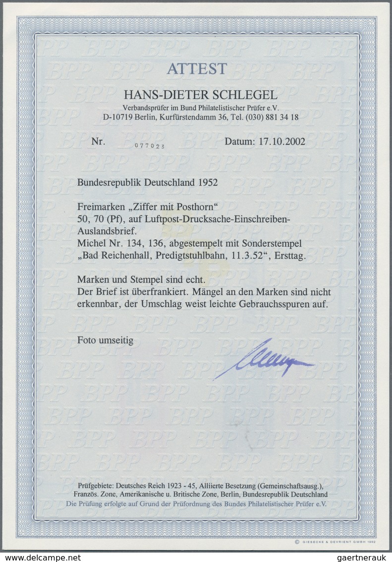 Bundesrepublik Deutschland: 1952, 50 Pfg. Und 70 Pfg. Posthorn Auf R-Luftpost-FDC Von "BAD REICHENHA - Briefe U. Dokumente