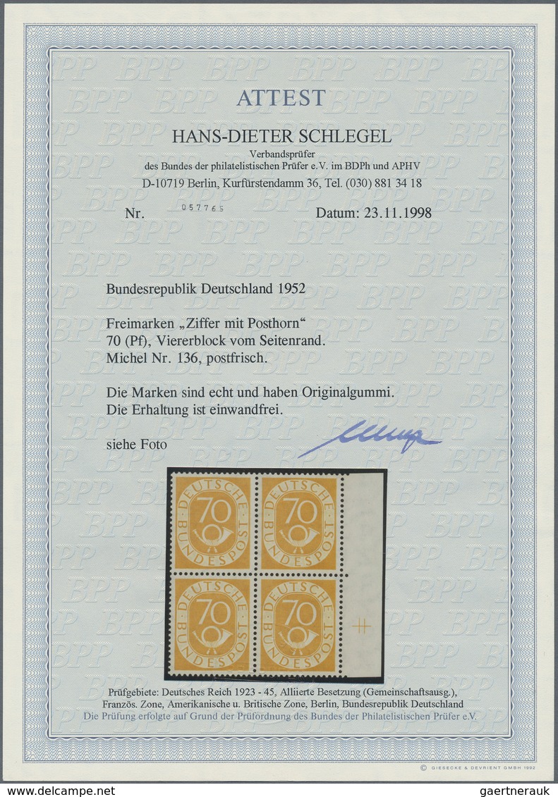 Bundesrepublik Deutschland: 1951, 70 Pfg. Posthorn Im Rand-4er-Block Mit Anlagekreuzen, Postfrisch, - Brieven En Documenten