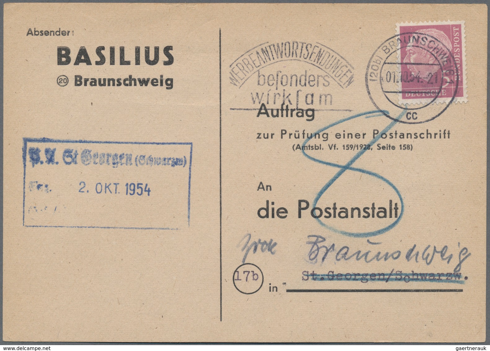 Bundesrepublik Deutschland: 1954, Heuss 5 Pfg. Als EF Nach Portoerhöhung Auf Anschriftenprüfkarte, V - Brieven En Documenten