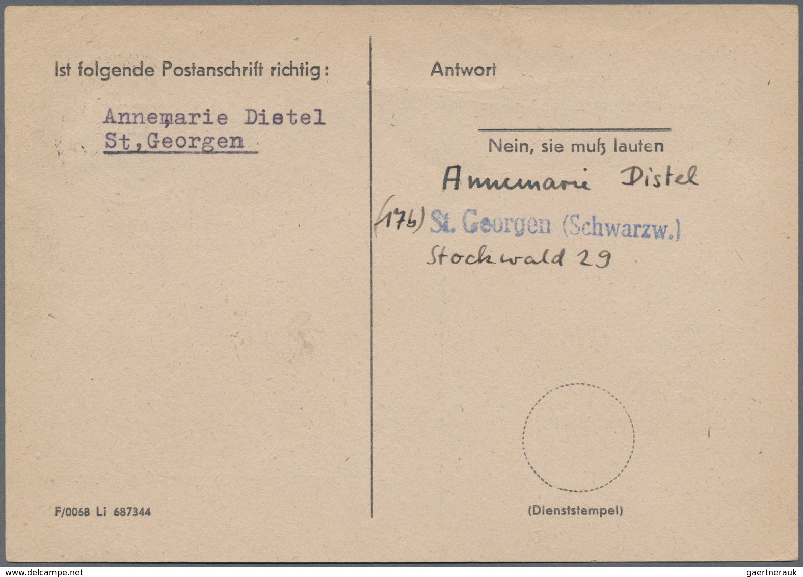 Bundesrepublik Deutschland: 1954, Heuss 5 Pfg. Als EF Nach Portoerhöhung Auf Anschriftenprüfkarte, V - Brieven En Documenten