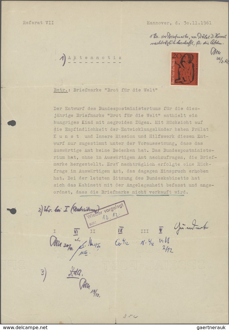 Bundesrepublik Deutschland: 1961, 20 Pfg. BROT FÜR DIE WELT, Vorlagestück OHNE "MUSTER"-HANDSTEMPEL - Brieven En Documenten