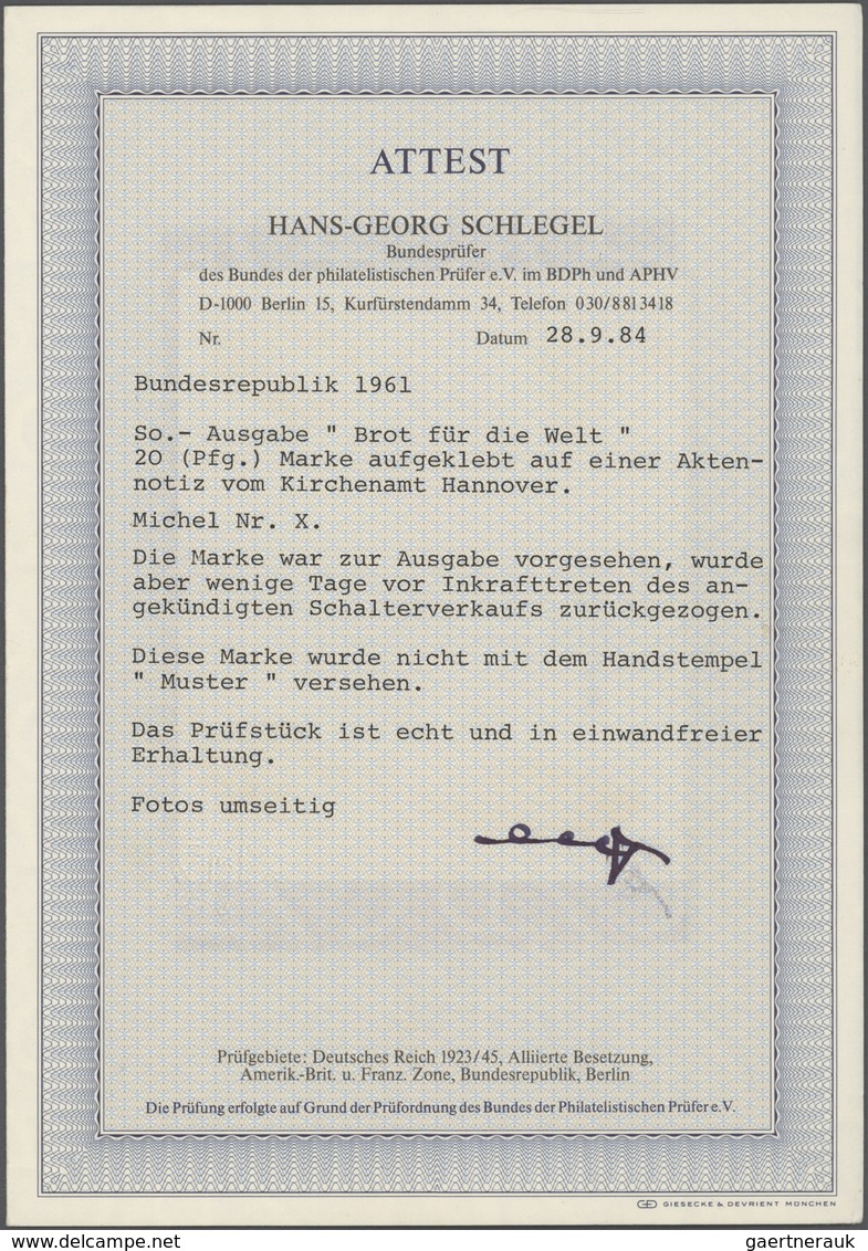 Bundesrepublik Deutschland: 1961, 20 Pfg. BROT FÜR DIE WELT, Vorlagestück OHNE "MUSTER"-HANDSTEMPEL - Brieven En Documenten