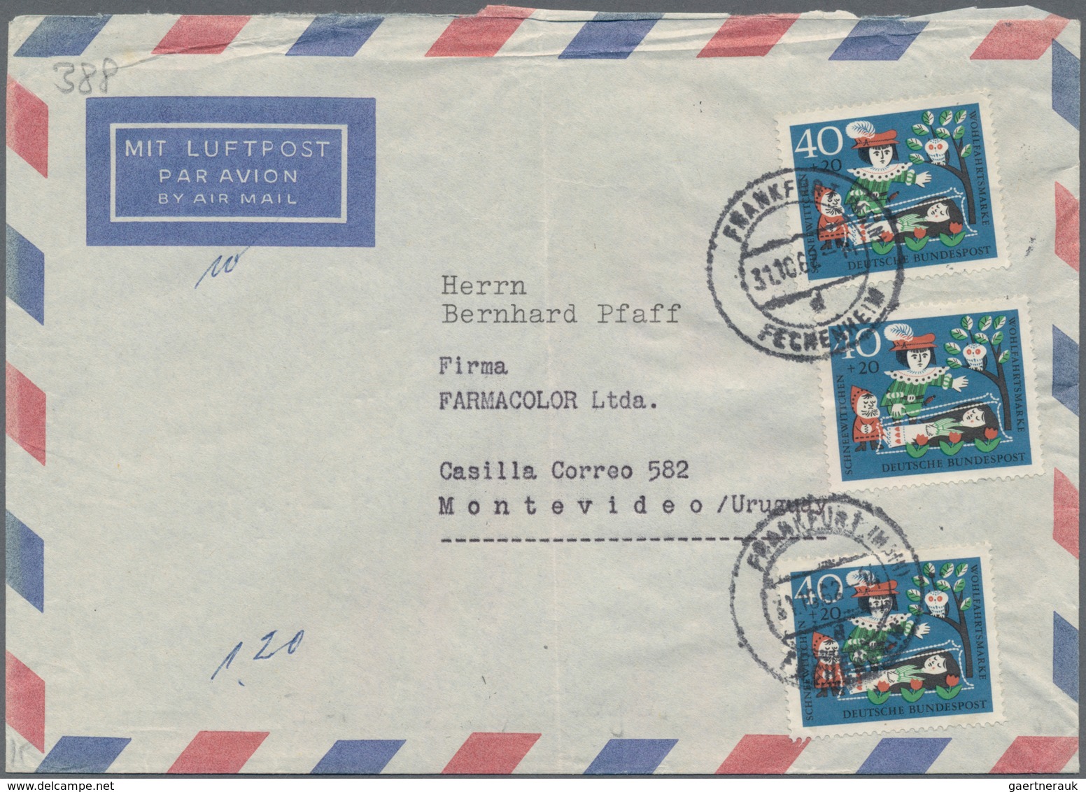 Bundesrepublik Deutschland: 1962, Gebrüder Grimm 40 Pfg., 3 Stck. Als Tolle Mehrfachfrankatur Auf Po - Brieven En Documenten