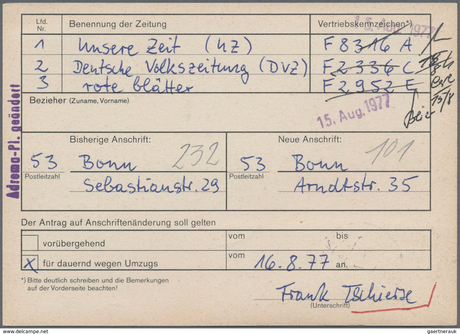 Bundesrepublik Deutschland: 1974, Kant 90 Pfg., 3 Stck. Als Gebühr Auf "Antrag Auf Anschriftenänderu - Brieven En Documenten