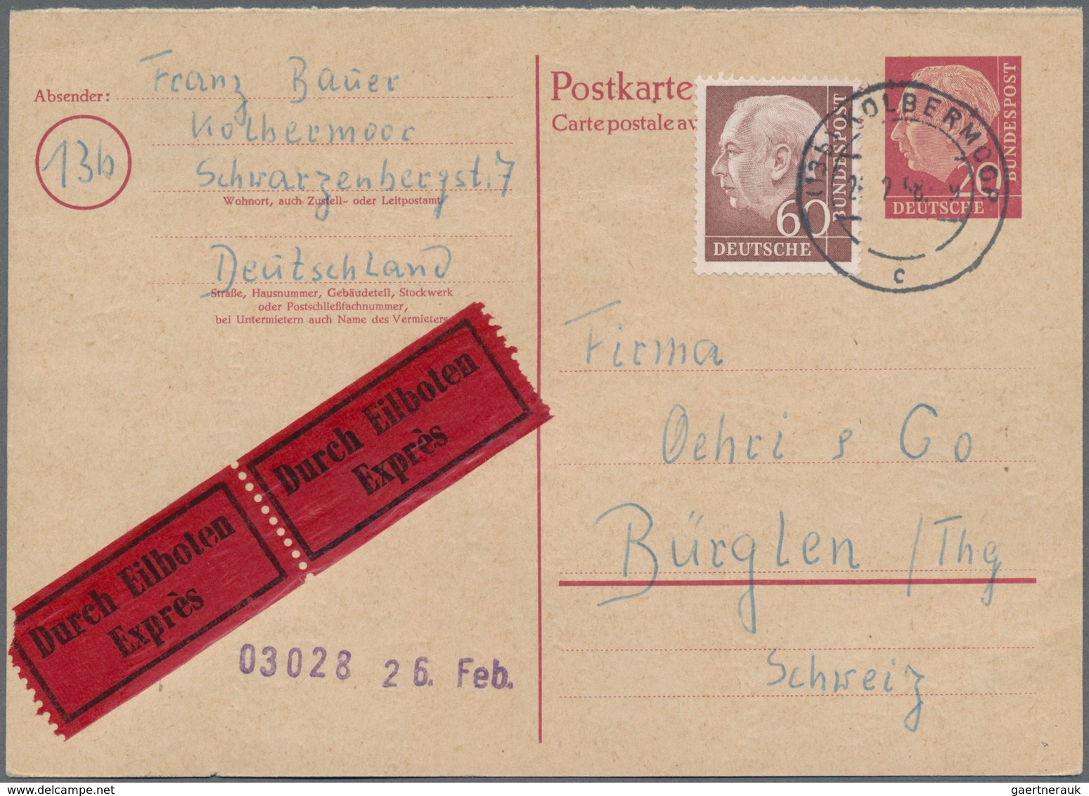 Bundesrepublik - Ganzsachen: 1954, Heuss 20 Pfg. Frageteil Mit 60 Pfg. Zus.-Frankatur Als Auslands-E - Altri & Non Classificati