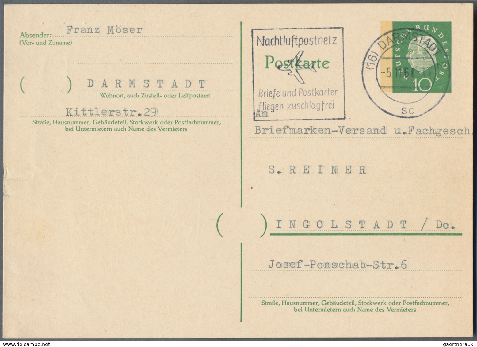 Bundesrepublik - Ganzsachen: 1961. Postkarte 10 Pf Heuss Medaillon. Bedarf Von "Darmstadt 5.11.61" N - Altri & Non Classificati