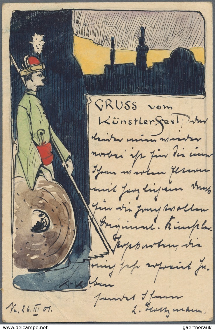 Ansichtskarten: Künstler / Artists: KARLSRUHE KÜNSTLERBUND, Künstlerfest 1901, Handgemalte Karte Sig - Zonder Classificatie
