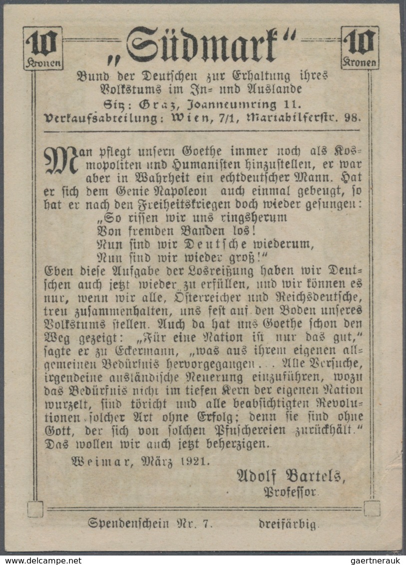 Ansichtskarten: Propaganda: 1921, Südmarkspende, 10 Kr. Spendenschein, Seltene Frühe Ausgabe. - Partiti Politici & Elezioni