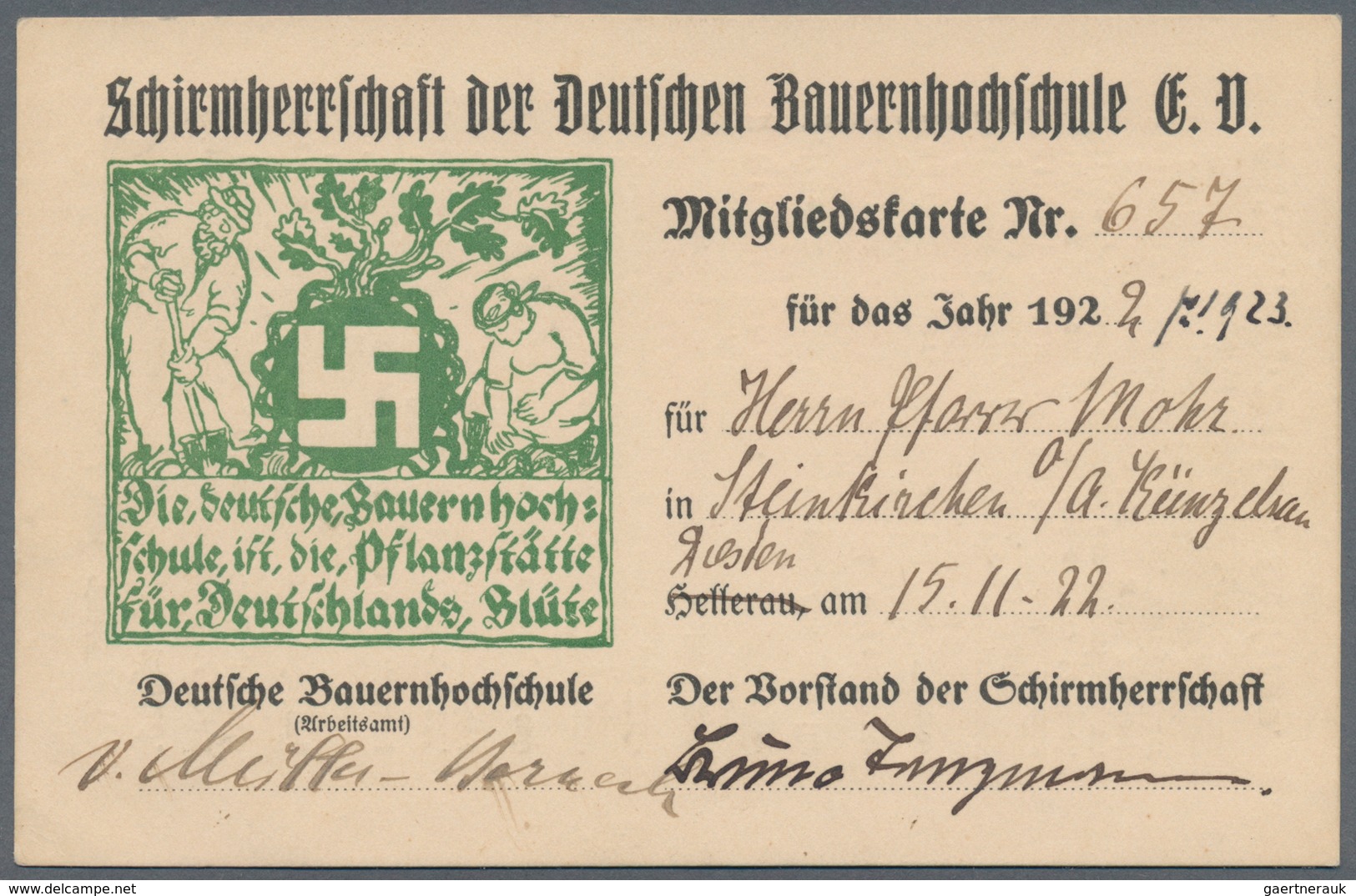 Ansichtskarten: Propaganda: Schirmherrschaft Der Deutschen Bauernhochschule Mitgliedskarte: 1922 Naz - Politieke Partijen & Verkiezingen