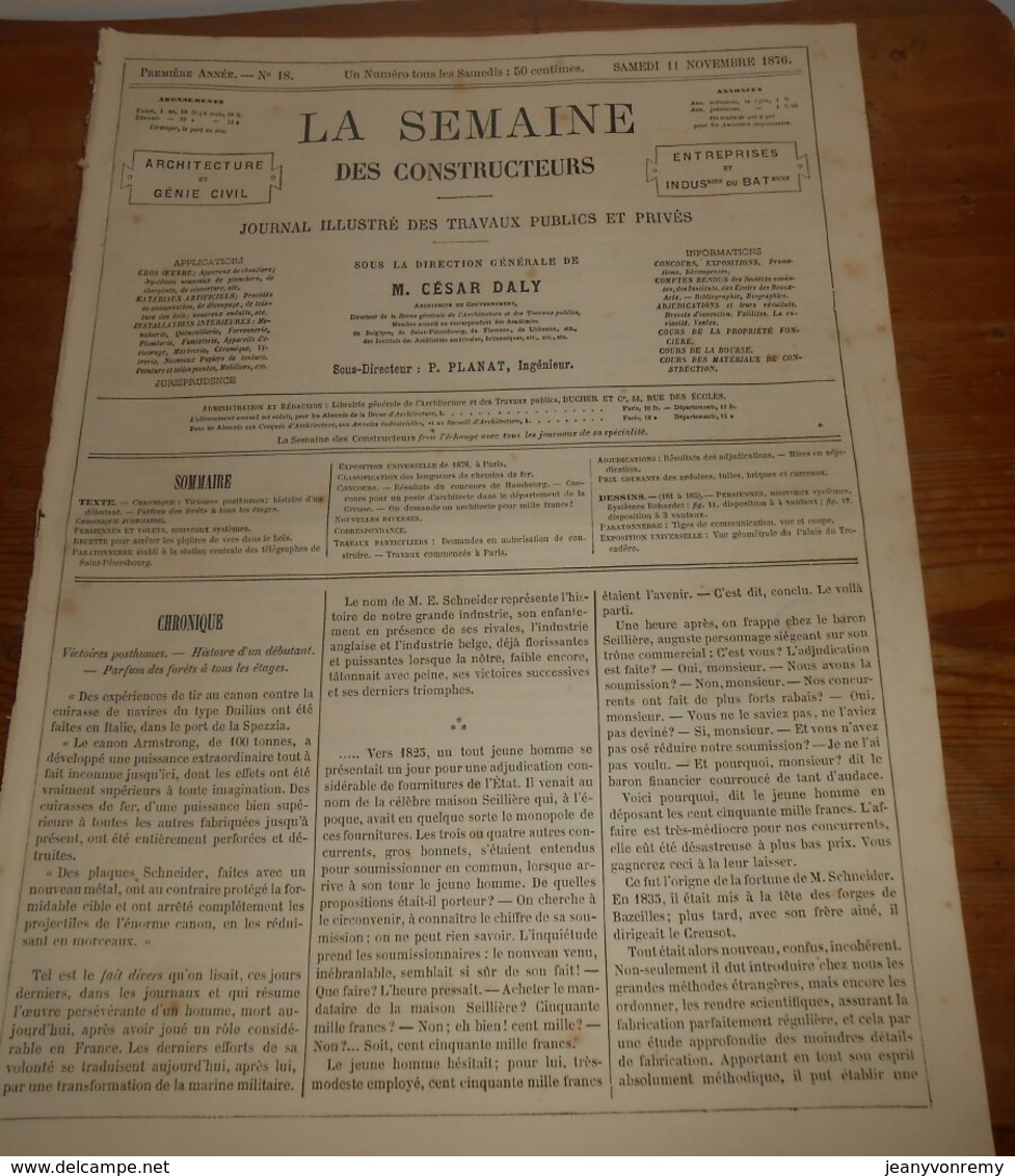 La Semaine Des Constructeurs. N°18. 11 Novembre 1876. Piqûres De Vers Dans Le Bois. Paratonnerre. - Revues Anciennes - Avant 1900