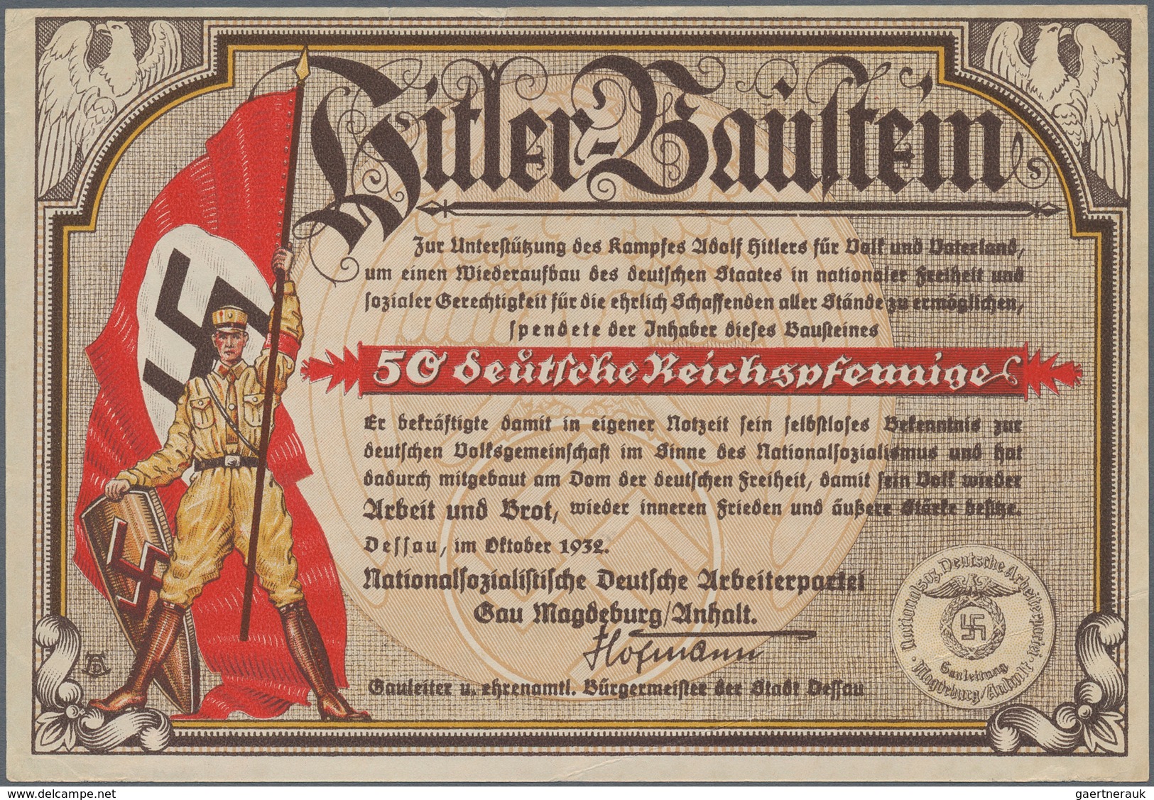 Ansichtskarten: Propaganda: 1932, "Hitler-Baustein", Baustein-Schein 50deutsche Reichspfennige, Beid - Politieke Partijen & Verkiezingen