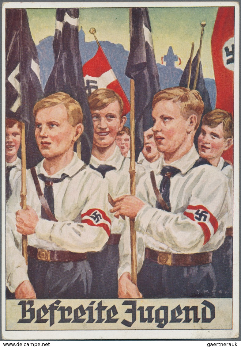 Ansichtskarten: Propaganda: 1938, "Befreiet Jugend", Kolorierte Propagandakarte Anschluss Österreich - Partiti Politici & Elezioni