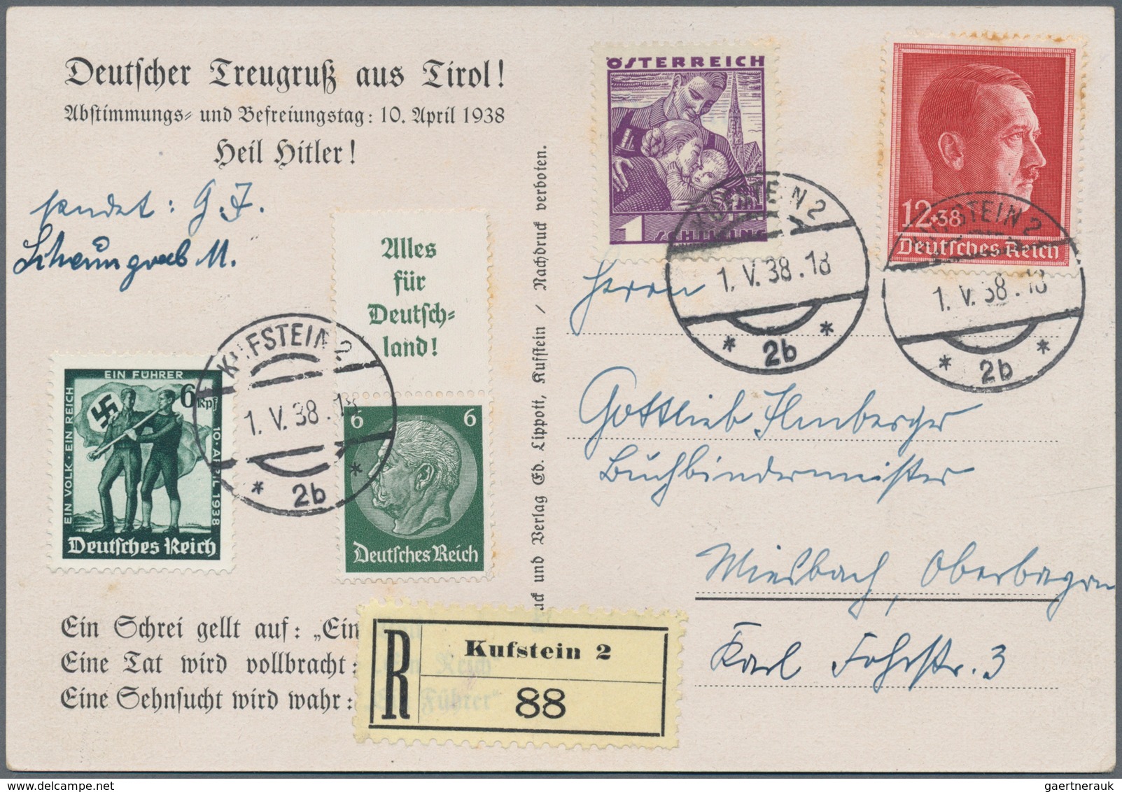 Ansichtskarten: Propaganda: 1938, "Deutscher Treugruß Aus TIROL!" R-Ansichtskarte Mit MiF Österr./Dt - Partiti Politici & Elezioni