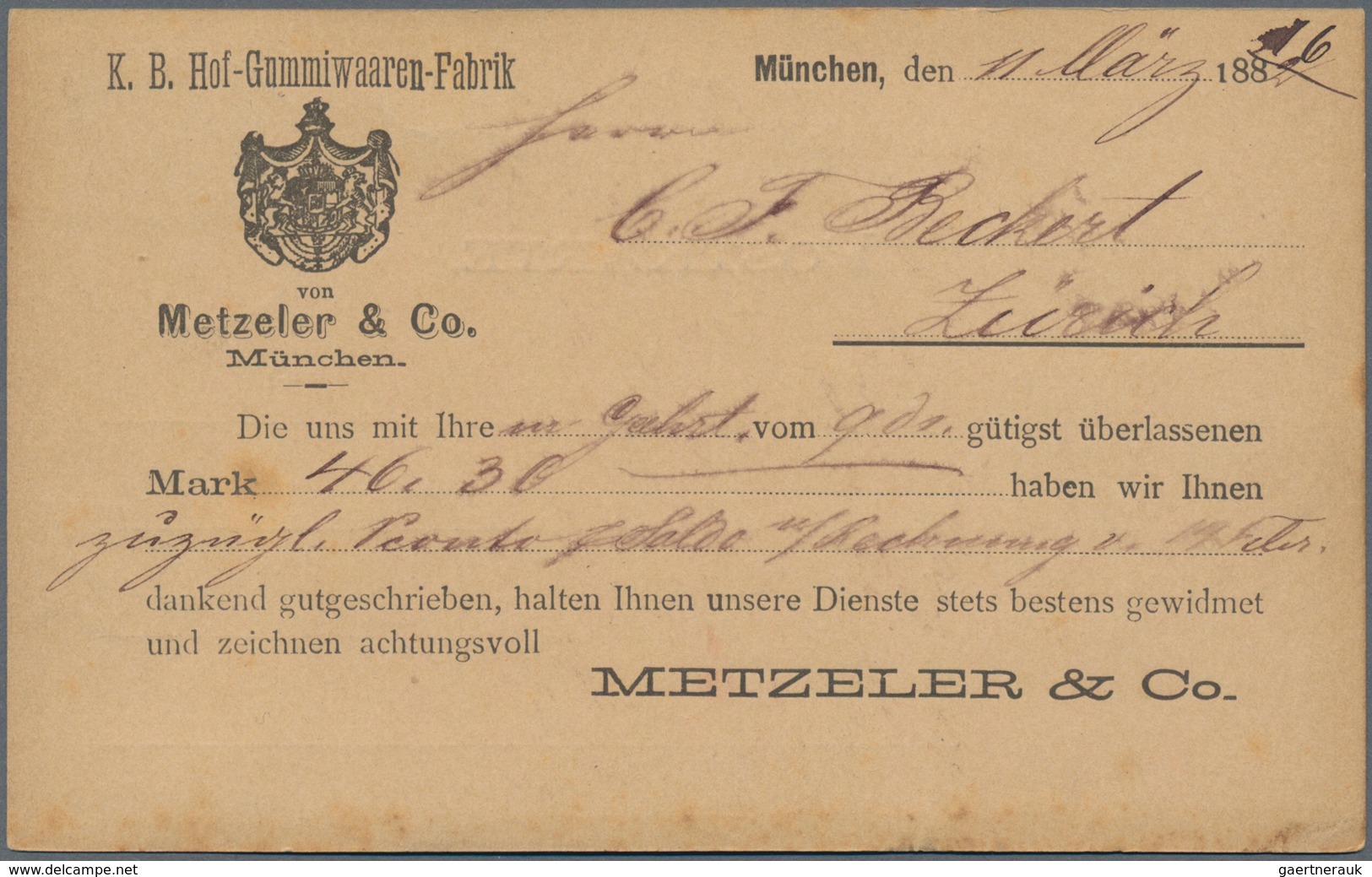 Ansichtskarten: Vorläufer: 1882, K. B. HOF-GUMMIFABRIK Metzler & Co. München, Avis-Karte Als Vorläuf - Zonder Classificatie