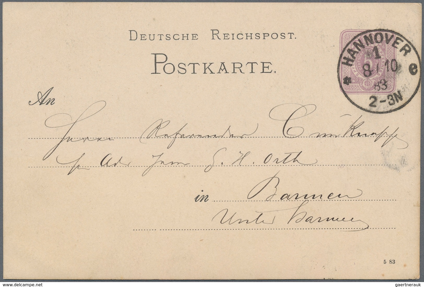 Ansichtskarten: Vorläufer: 1883, Hannover, Privatganzsache Mit WSt. 5 Pfg. Lila, Rückseitig Mit Abb. - Ohne Zuordnung
