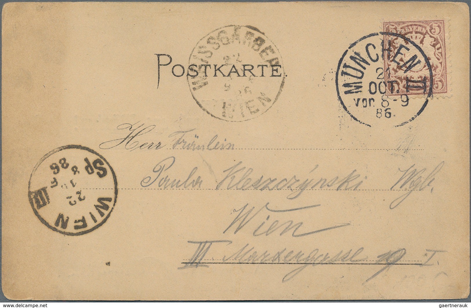 Ansichtskarten: Vorläufer: 1886, Gruß Aus MÜNCHEN, Kolorierte Vorläuferkarte 5 Pf Lila Mit K1 MÜNCHE - Zonder Classificatie