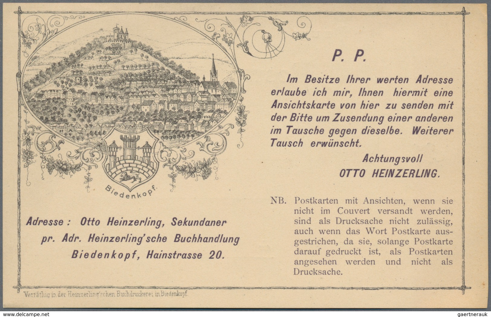 Ansichtskarten: Vorläufer: 1888 Ca., BIEDENKOPF, Ungebraucht Vorläuferkarte In Sehr Guter Erhaltung. - Non Classificati