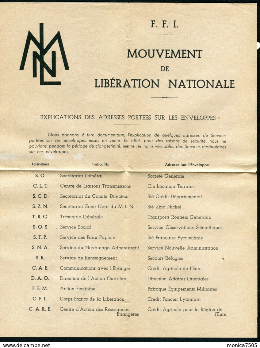 FRANCE : DOCUMENT SECRET DES F .F . I . DE LA PERIODE DE CLANDESTINITE , A VOIR . - Lettres & Documents