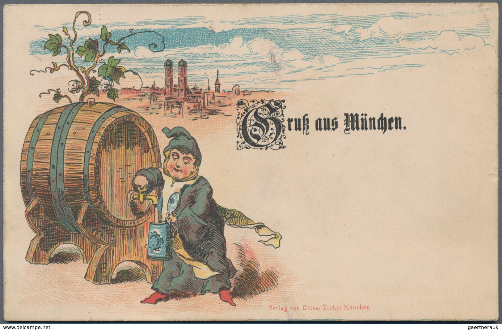 Ansichtskarten: Vorläufer: 1888, MÜNCHEN Panorama Mit Münchner Kindl, Bierfaß Und Krug, Kolorierte V - Zonder Classificatie