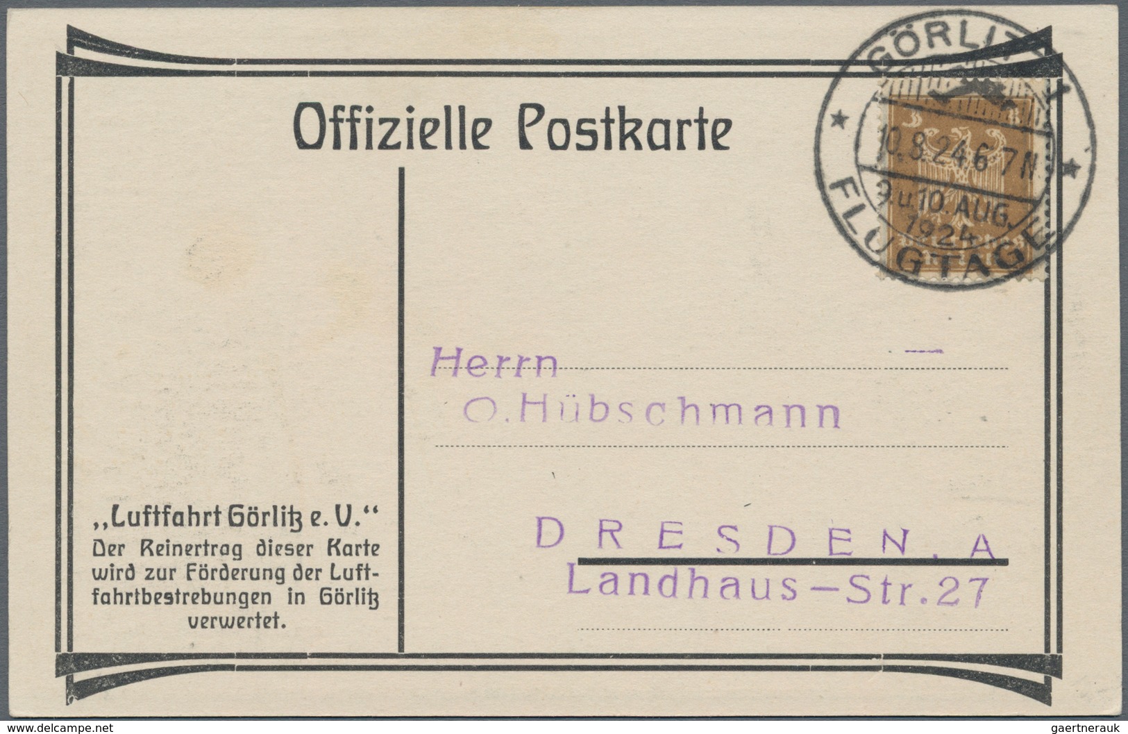 Ansichtskarten: Motive / Thematics: FLUG, "Flugtage Görlitz 9. Und 10. Aug. 1924" Künstlerzeichnung - Andere & Zonder Classificatie