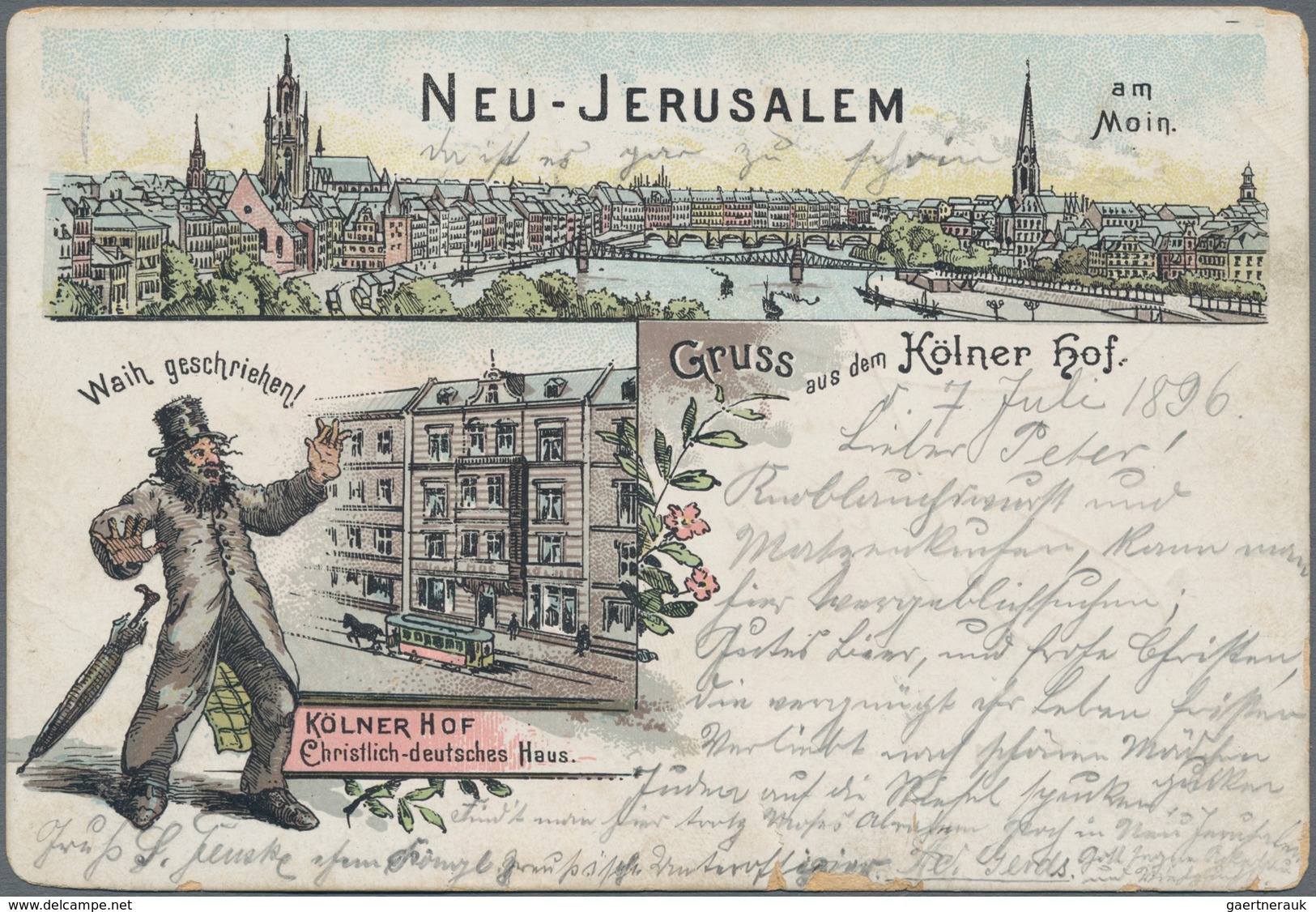 Ansichtskarten: Motive / Thematics: JUDAIKA, "NEU-Jerusalem Gruss Aus Dem Kölner-Hof In Frankfurt Am - Altri & Non Classificati